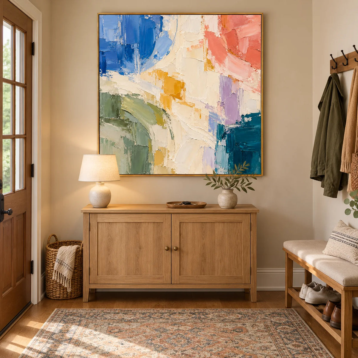 Ownanart Colorful Abstract Oil Painting – Hand-Painted Impasto Canvas Wall Art in Blue, Coral and Sage Green