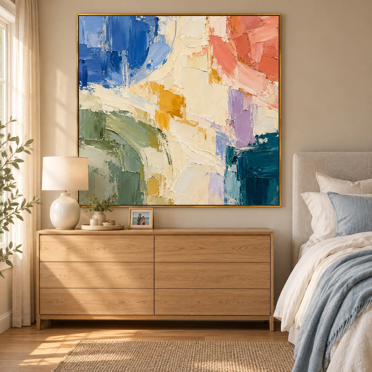 Ownanart Colorful Abstract Oil Painting – Hand-Painted Impasto Canvas Wall Art in Blue, Coral and Sage Green