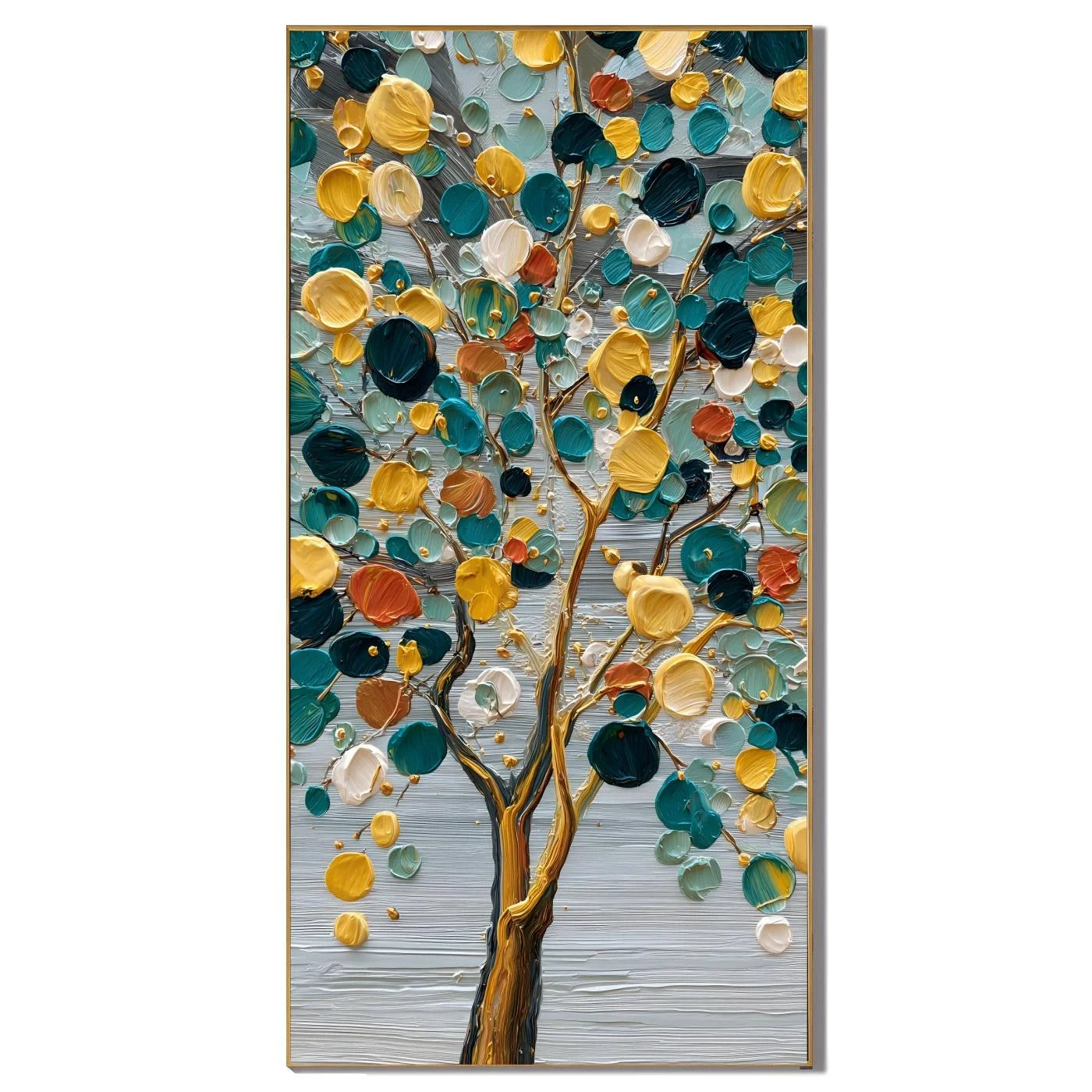Colorful Abstract Tree Hand-Painted Oil Painting | Teal and Gold Textured Tree Wall Art # OA 1029