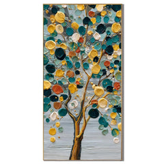 Colorful Abstract Tree Hand-Painted Oil Painting | Teal and Gold Textured Tree Wall Art # OA 1029
