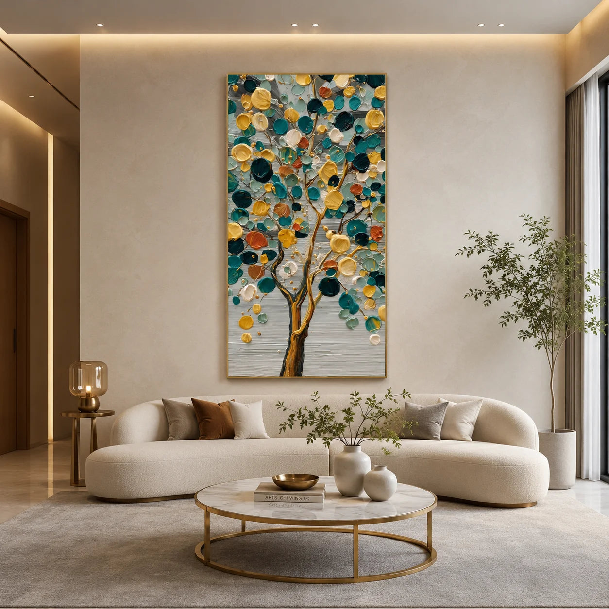 Colorful Abstract Tree Hand-Painted Oil Painting | Teal and Gold Textured Tree Wall Art # OA 1029