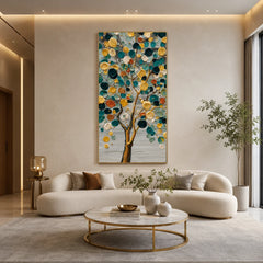 Colorful Abstract Tree Hand-Painted Oil Painting | Teal and Gold Textured Tree Wall Art # OA 1029