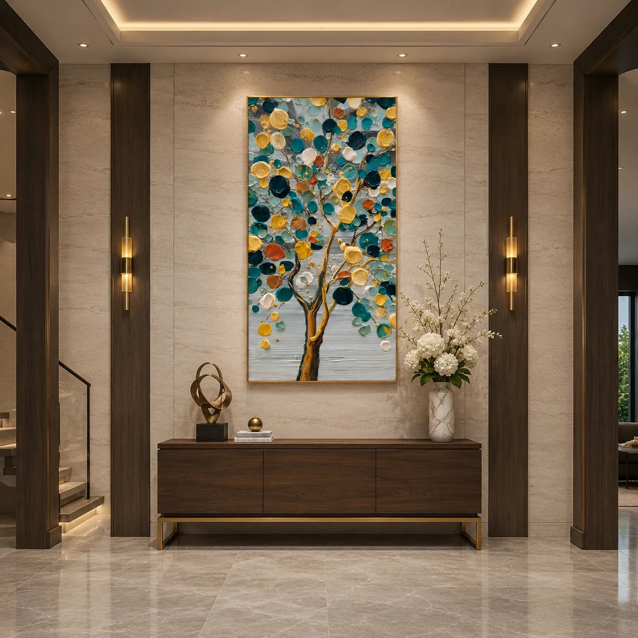 Colorful Abstract Tree Hand-Painted Oil Painting | Teal and Gold Textured Tree Wall Art # OA 1029