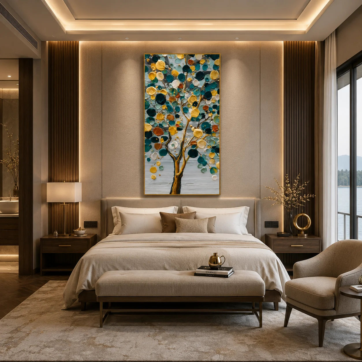 Colorful Abstract Tree Hand-Painted Oil Painting | Teal and Gold Textured Tree Wall Art # OA 1029