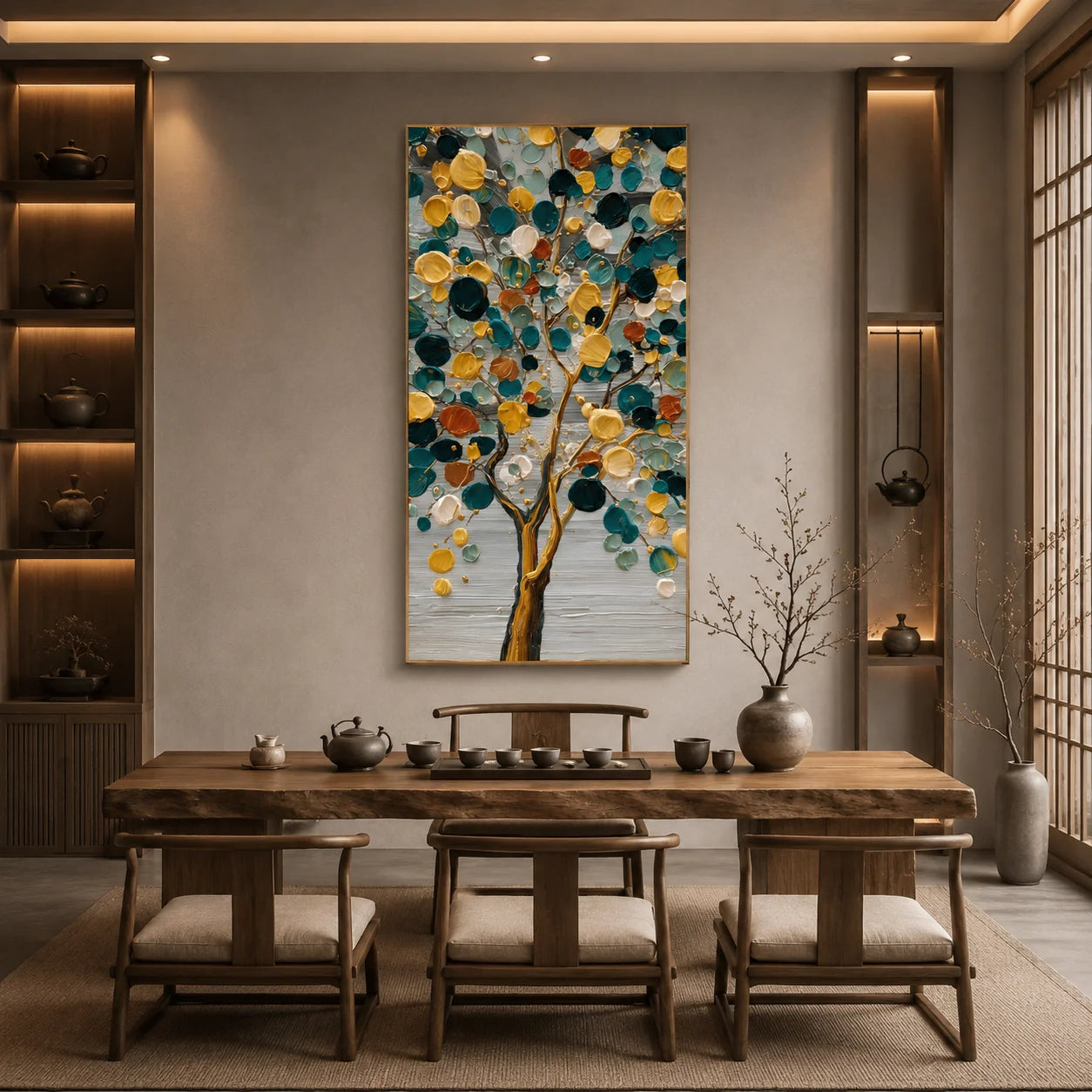 Colorful Abstract Tree Hand-Painted Oil Painting | Teal and Gold Textured Tree Wall Art # OA 1029