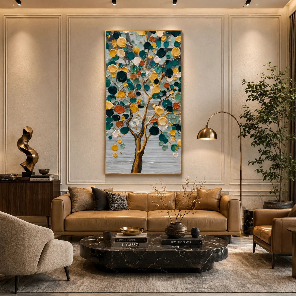 Colorful Abstract Tree Hand-Painted Oil Painting | Teal and Gold Textured Tree Wall Art # OA 1029