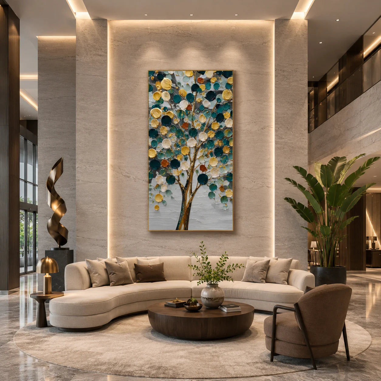 Colorful Abstract Tree Hand-Painted Oil Painting | Teal and Gold Textured Tree Wall Art # OA 1029
