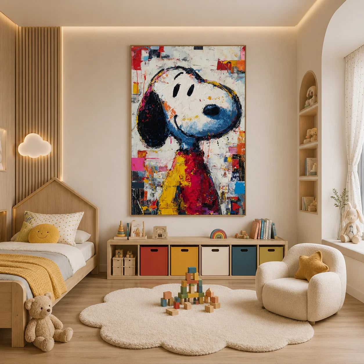 Colorful Black-Eared Cartoon Dog Hand-Painted Oil Painting | Textured Pop Art Animal Wall Decor for Living Room, Bedroom and Kids’ Room