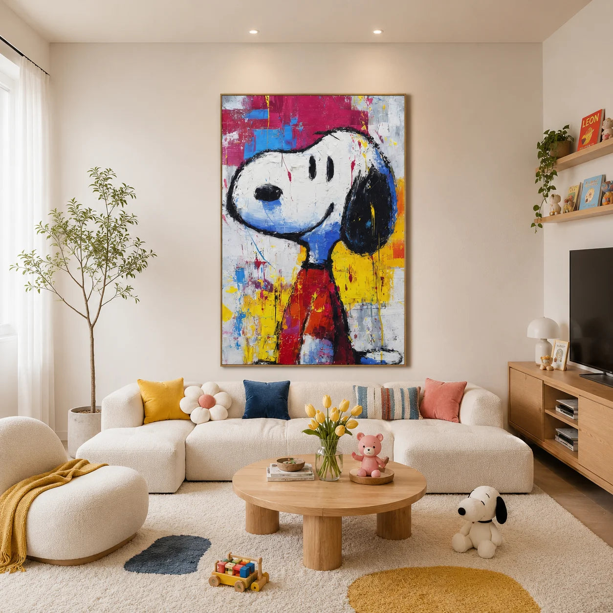 Colorful Black-Eared Cartoon Dog Hand-Painted Oil Painting | Textured Pop Art Wall Decor for Living Room, Bedroom and Kids’ Room
