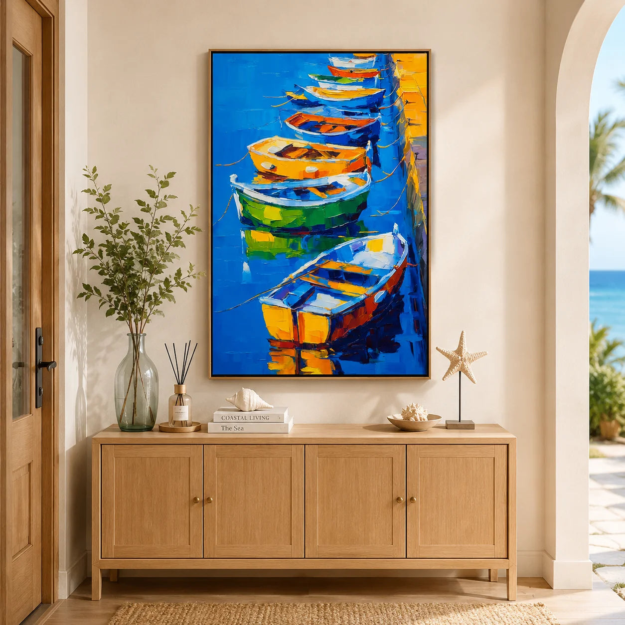 Colorful Boat Oil Painting, Blue Harbor Coastal Wall Art for Living Room Decor