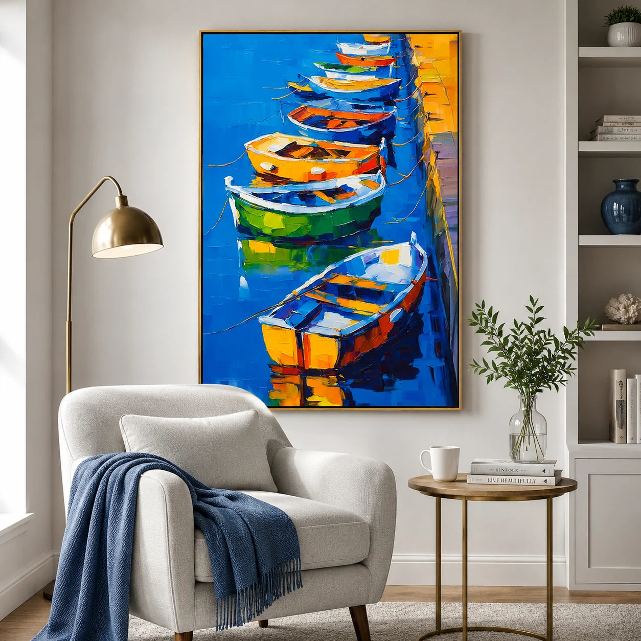 Colorful Boat Oil Painting, Blue Harbor Coastal Wall Art for Living Room Decor