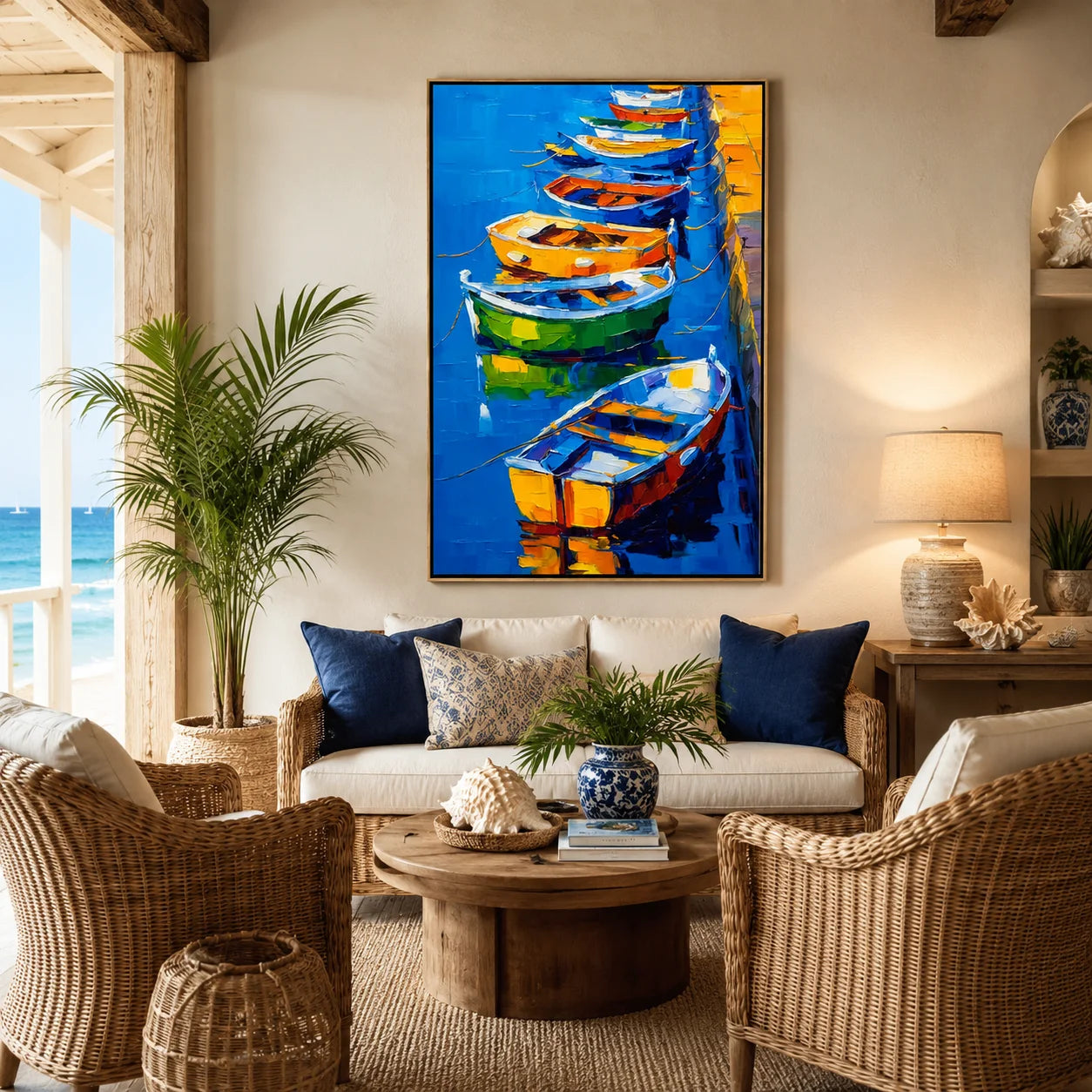 Colorful Boat Oil Painting, Blue Harbor Coastal Wall Art for Living Room Decor