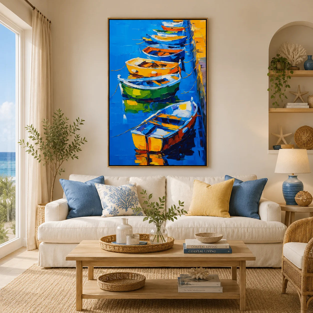 Colorful Boat Oil Painting, Blue Harbor Coastal Wall Art for Living Room Decor