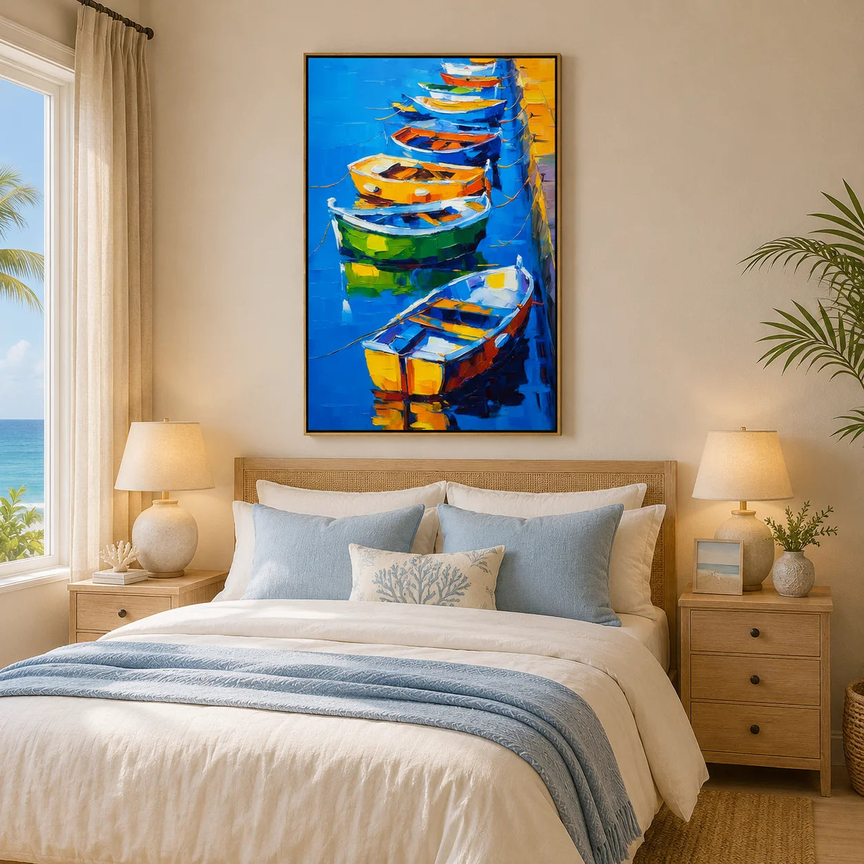 Colorful Boat Oil Painting, Blue Harbor Coastal Wall Art for Living Room Decor
