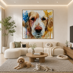 Colorful Long-Eared Dog Portrait Hand-Painted Oil Painting | Blue and Yellow Pet Wall Art for Modern Home Decor # OA 1111