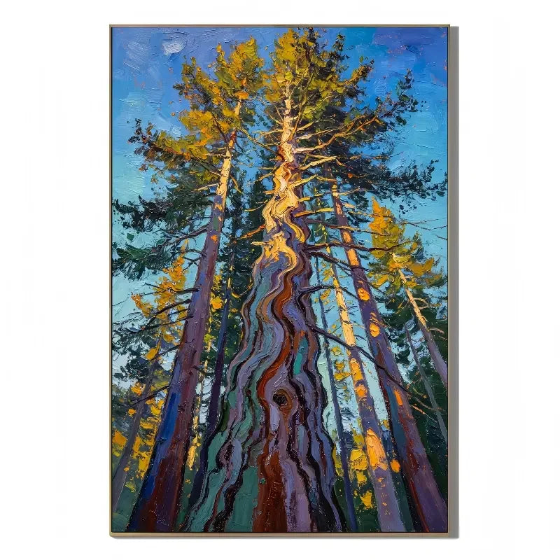 Ownanart Colorful Forest Trees Hand-Painted Oil Painting – Towering Pine Woodland Landscape with Thick Texture, Modern Nature Wall Art for Living Room # OA 1329