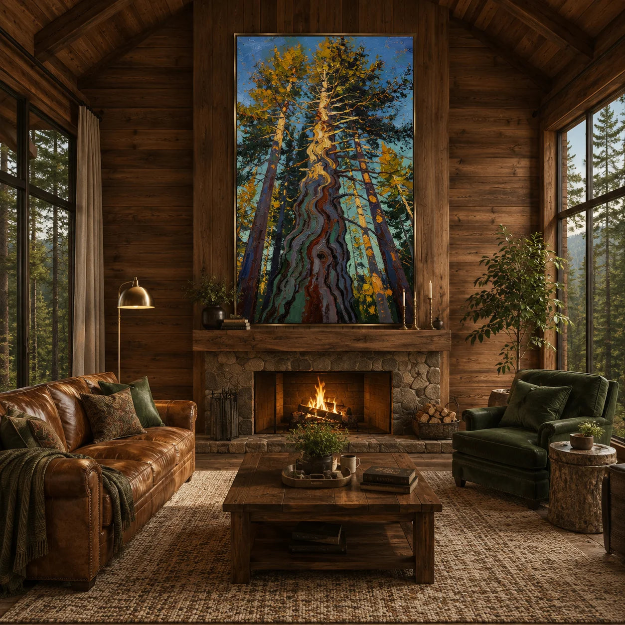 Ownanart Colorful Forest Trees Hand-Painted Oil Painting – Towering Pine Woodland Landscape with Thick Texture, Modern Nature Wall Art for Living Room # OA 1329