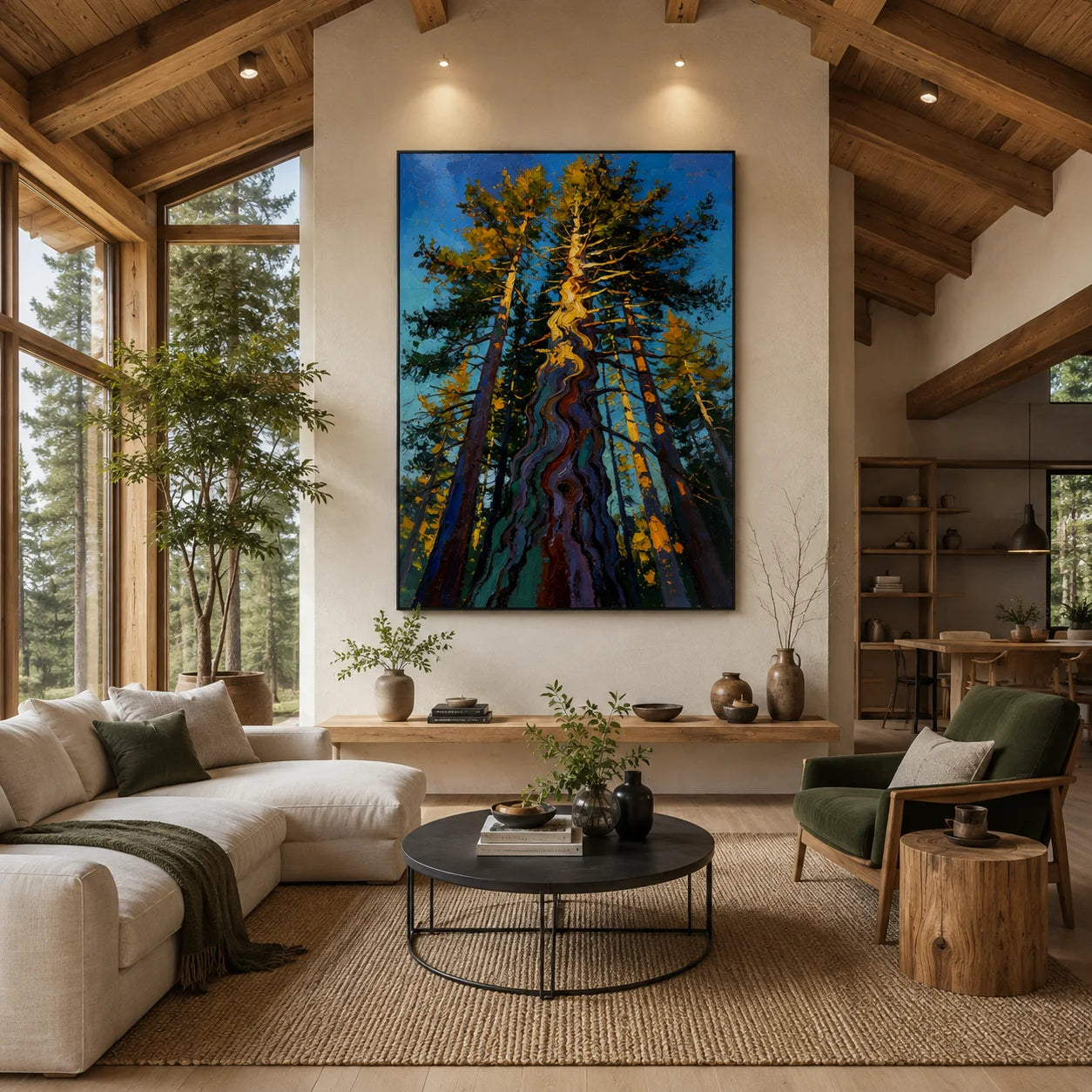 Ownanart Colorful Forest Trees Hand-Painted Oil Painting – Towering Pine Woodland Landscape with Thick Texture, Modern Nature Wall Art for Living Room # OA 1329