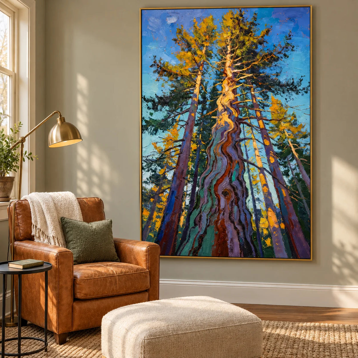 Ownanart Colorful Forest Trees Hand-Painted Oil Painting – Towering Pine Woodland Landscape with Thick Texture, Modern Nature Wall Art for Living Room