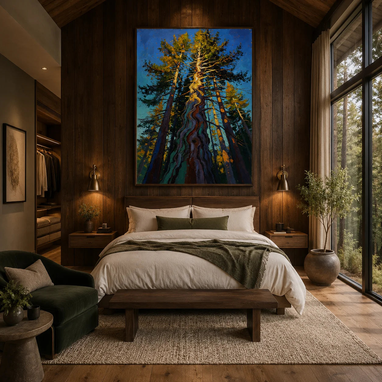 Ownanart Colorful Forest Trees Hand-Painted Oil Painting – Towering Pine Woodland Landscape with Thick Texture, Modern Nature Wall Art for Living Room # OA 1329