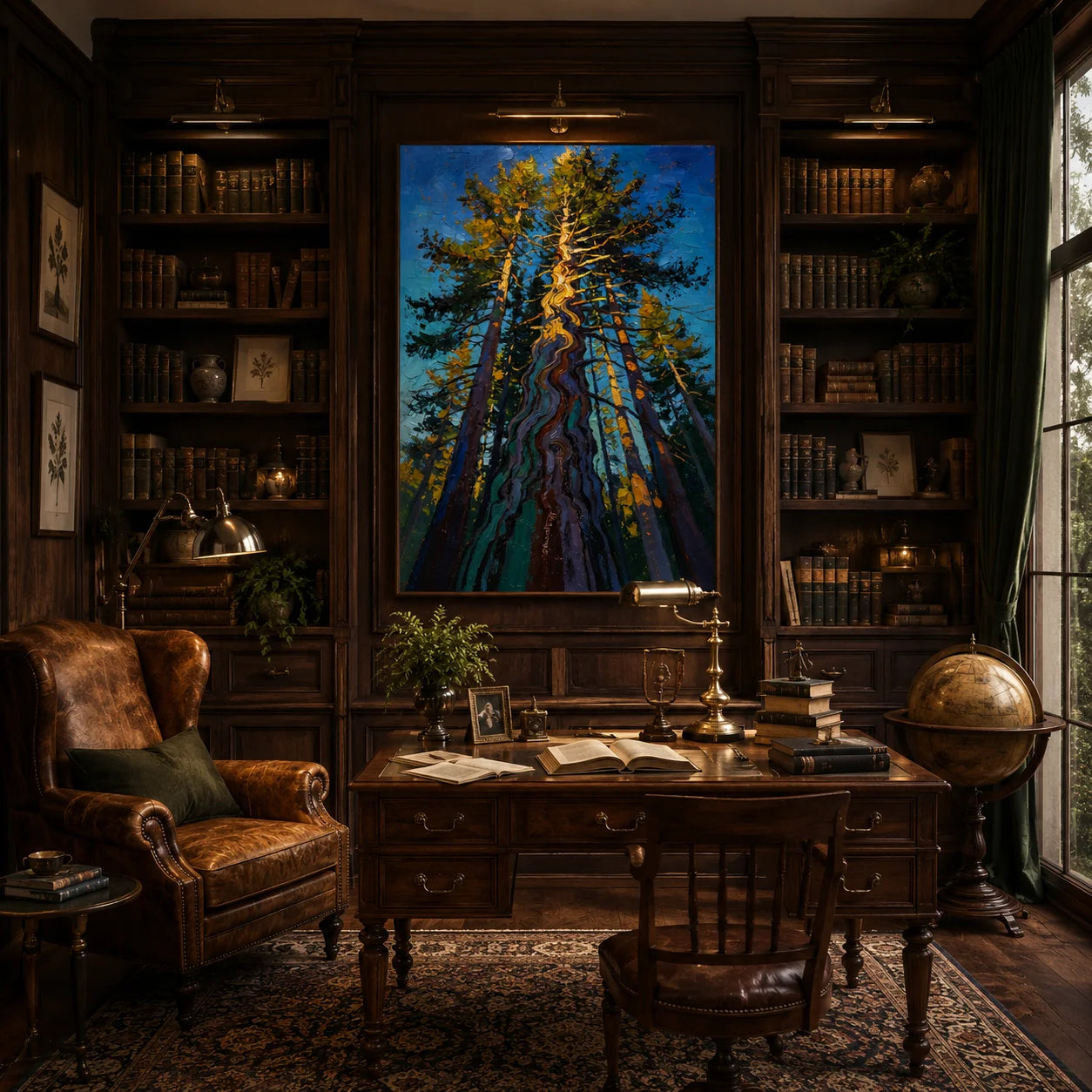 Ownanart Colorful Forest Trees Hand-Painted Oil Painting – Towering Pine Woodland Landscape with Thick Texture, Modern Nature Wall Art for Living Room # OA 1329