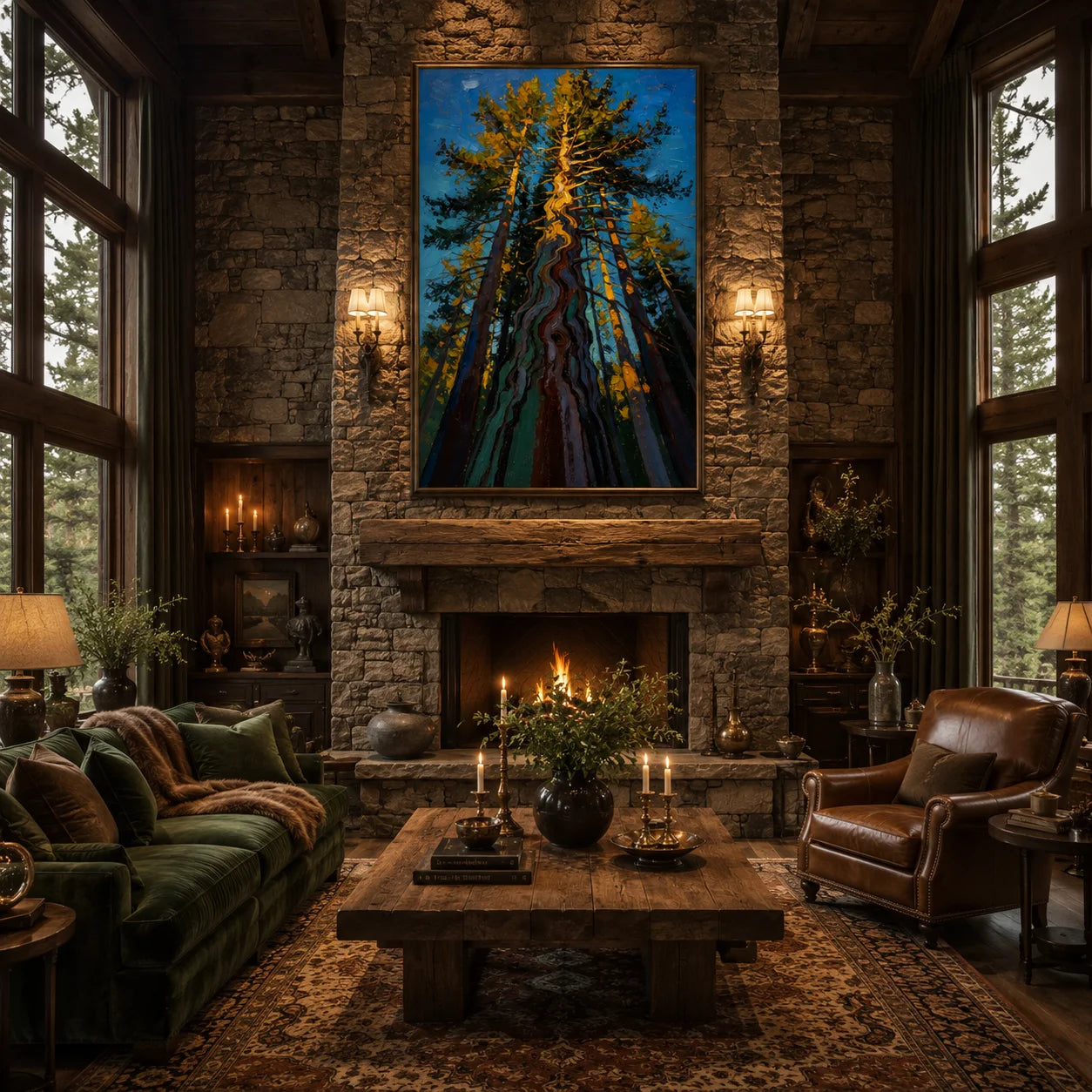 Ownanart Colorful Forest Trees Hand-Painted Oil Painting – Towering Pine Woodland Landscape with Thick Texture, Modern Nature Wall Art for Living Room # OA 1329