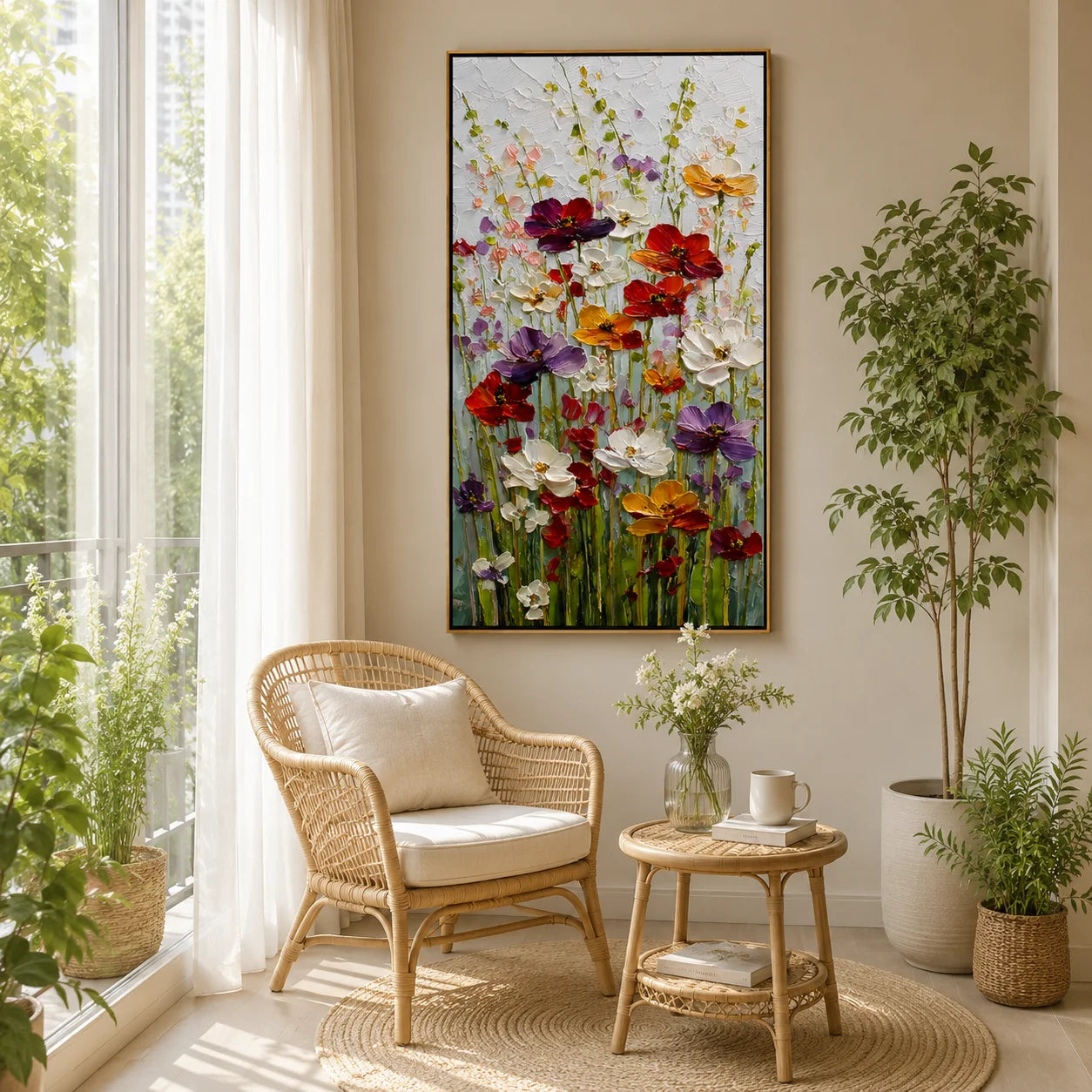 Colorful Wildflower Canvas Wall Art – Textured Floral Field Painting for Modern Home Decor