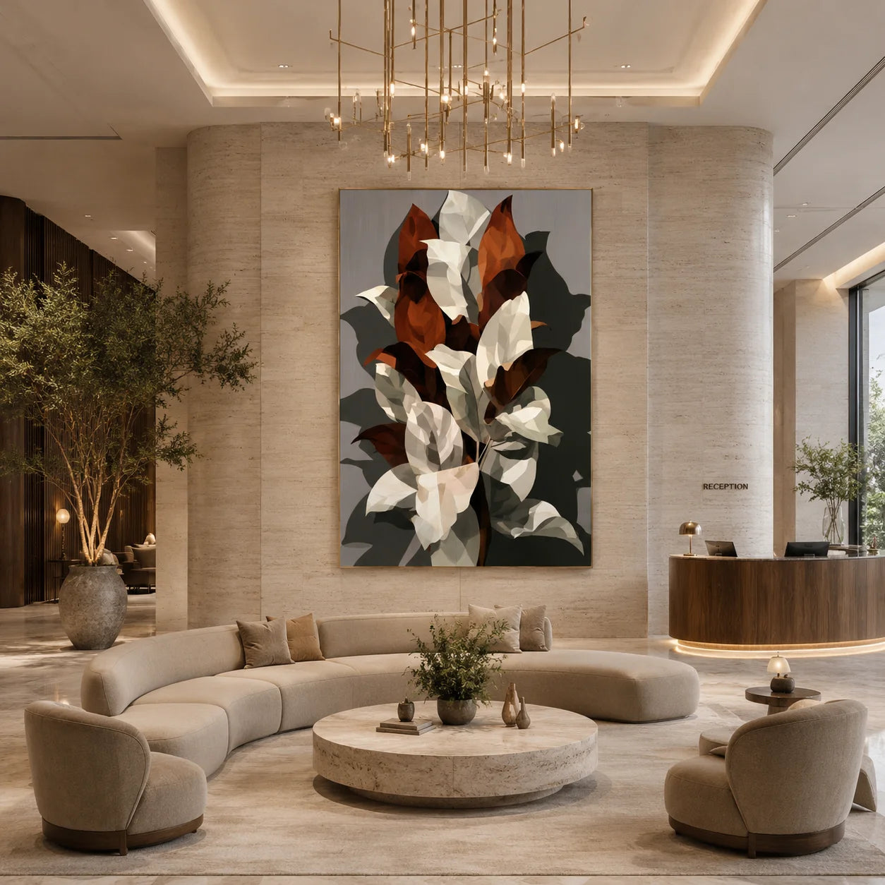 Cream and Caramel Geometric Botanical Hand-Painted Oil Painting | Modern Abstract Leaf Wall Art for Living Room, Bedroom and Entryway