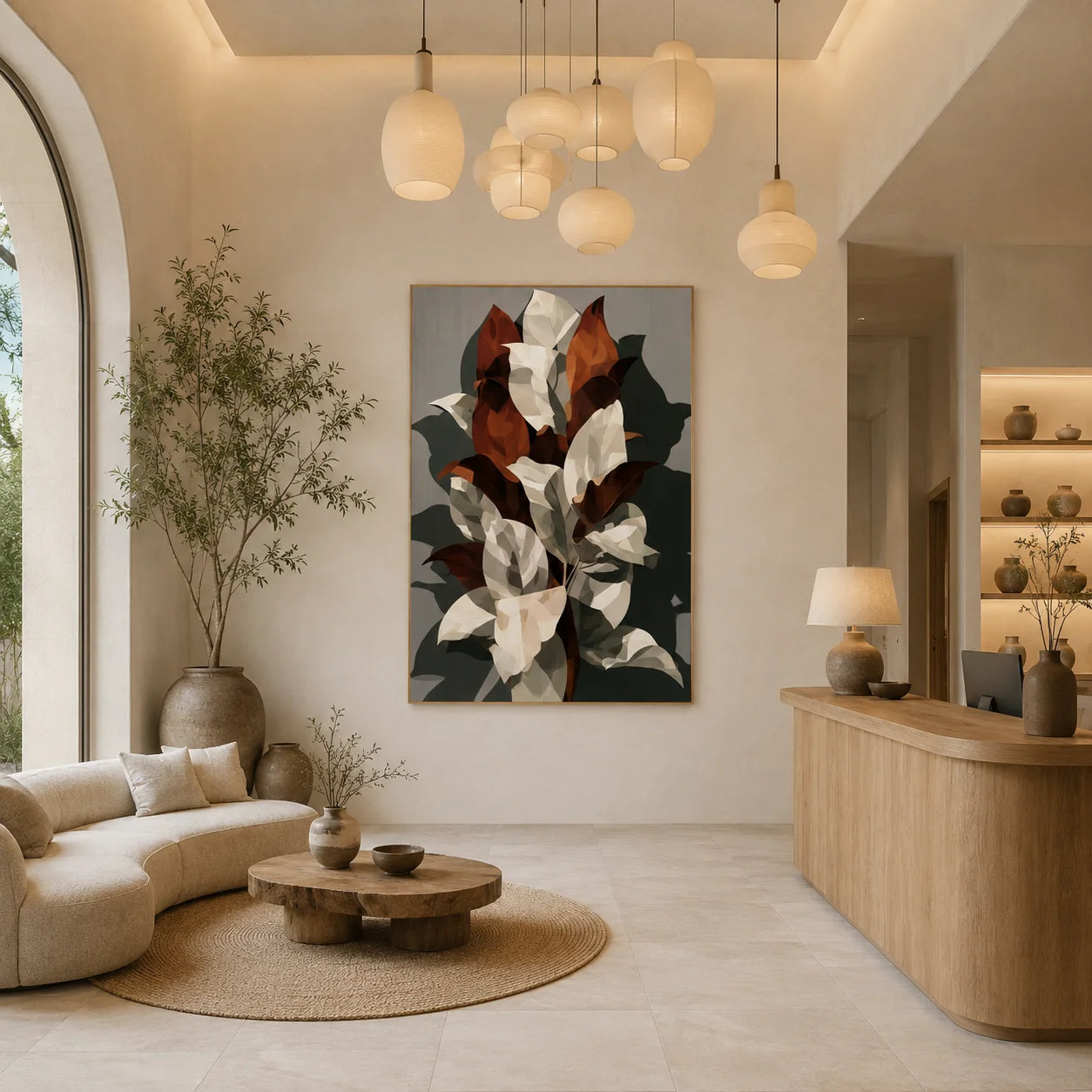 Cream and Caramel Geometric Botanical Hand-Painted Oil Painting | Modern Abstract Leaf Wall Art for Living Room, Bedroom and Entryway