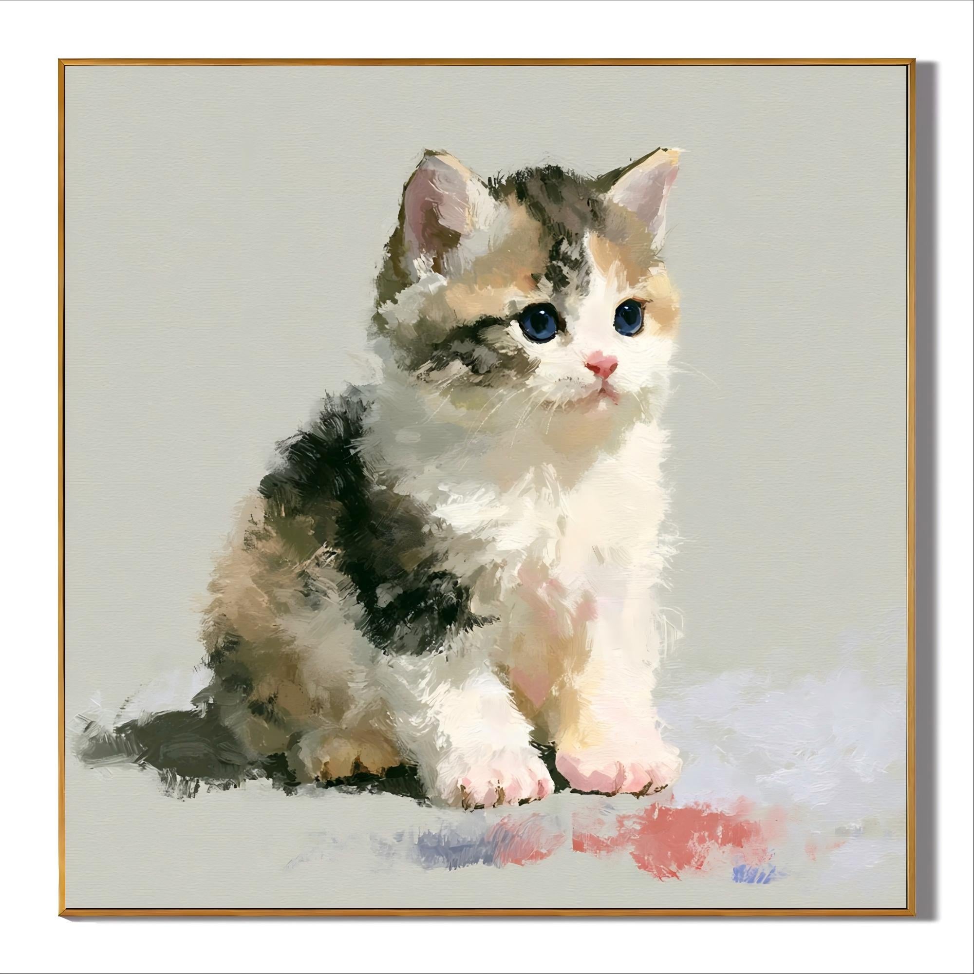 Cute Blue-Eyed Kitten Hand-Painted Oil Painting – Cat Wall Art# OA 1108