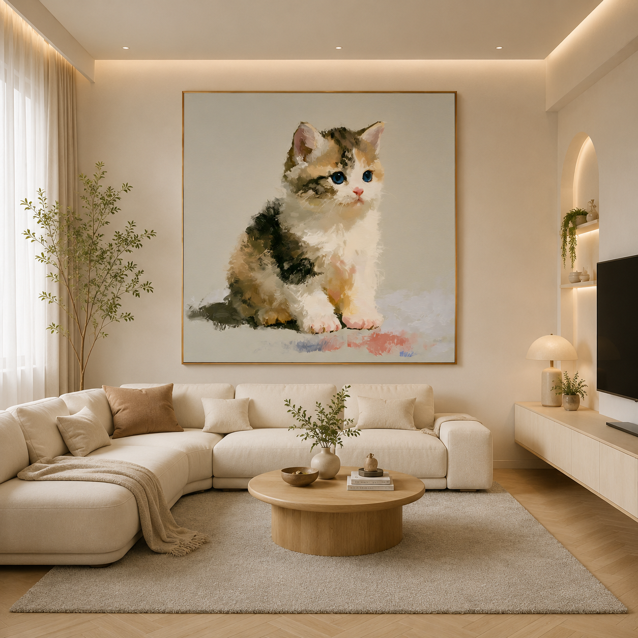 Cute Blue-Eyed Kitten Hand-Painted Oil Painting – Cat Wall Art# OA 1108