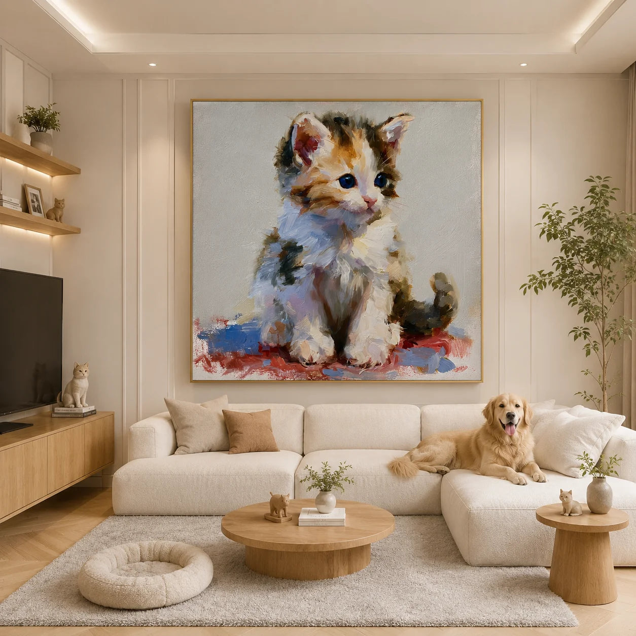 Cute Blue-Eyed Kitten Hand-Painted Oil Painting | Original Cat Portrait Wall Art for Living Room, Bedroom, and Nursery Decor