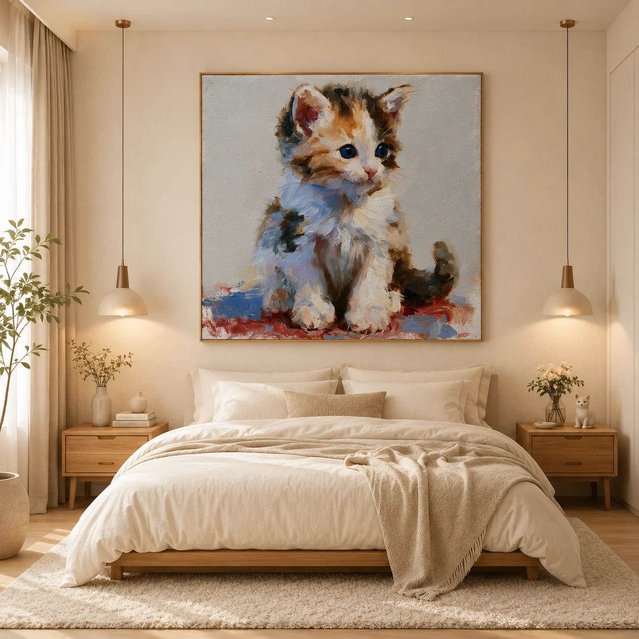 Cute Blue-Eyed Kitten Hand-Painted Oil Painting | Original Cat Portrait Wall Art for Living Room, Bedroom, and Nursery Decor
