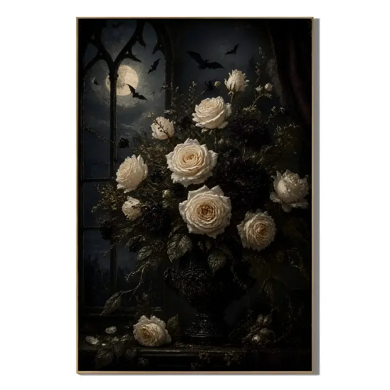 Ownanart Dark Gothic Moonlit White Rose Hand-Painted Oil Painting – Bat Night Floral Still Life Vertical Wall Art # OA 1298