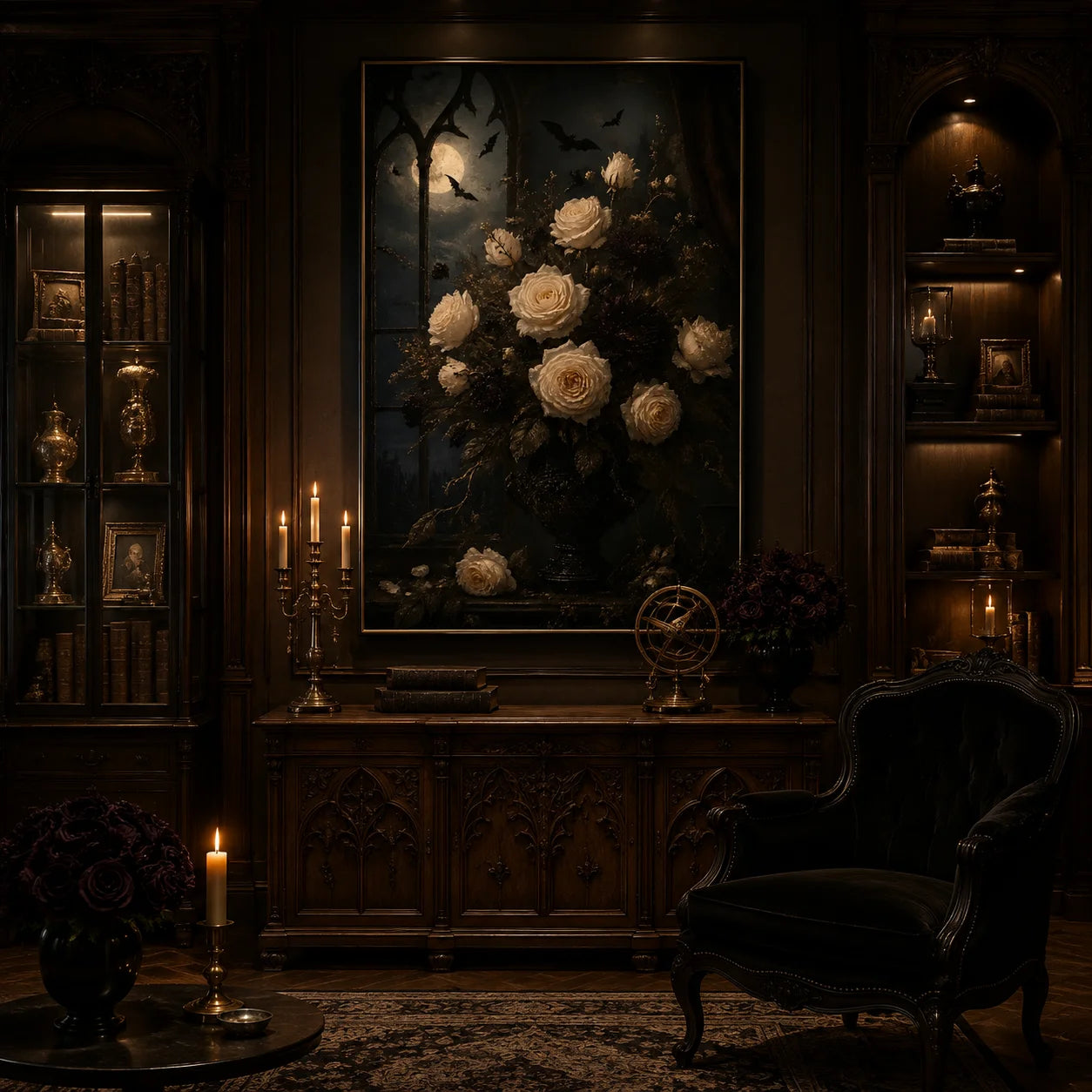 Ownanart Dark Gothic Moonlit White Rose Hand-Painted Oil Painting – Bat Night Floral Still Life Vertical Wall Art # OA 1298