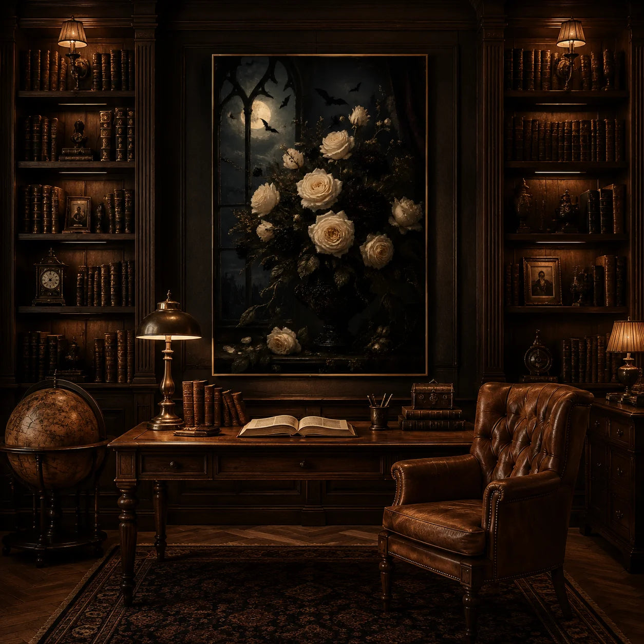Ownanart Dark Gothic Moonlit White Rose Hand-Painted Oil Painting – Bat Night Floral Still Life Vertical Wall Art # OA 1298