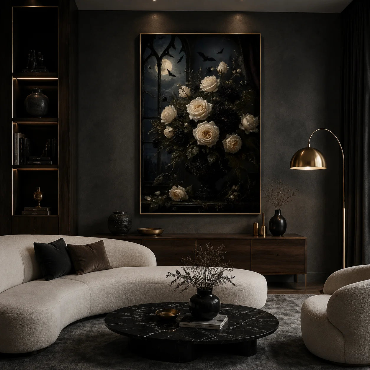 Ownanart Dark Gothic Moonlit White Rose Hand-Painted Oil Painting – Bat Night Floral Still Life Vertical Wall Art # OA 1298