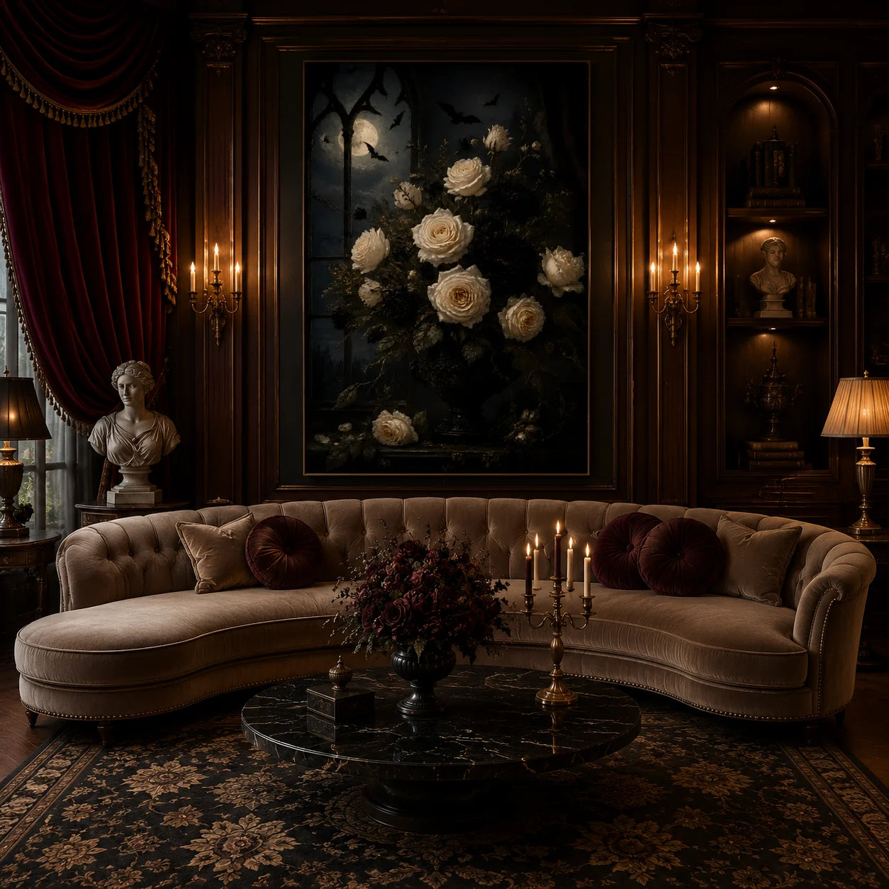 Ownanart Dark Gothic Moonlit White Rose Hand-Painted Oil Painting – Bat Night Floral Still Life Vertical Wall Art # OA 1298