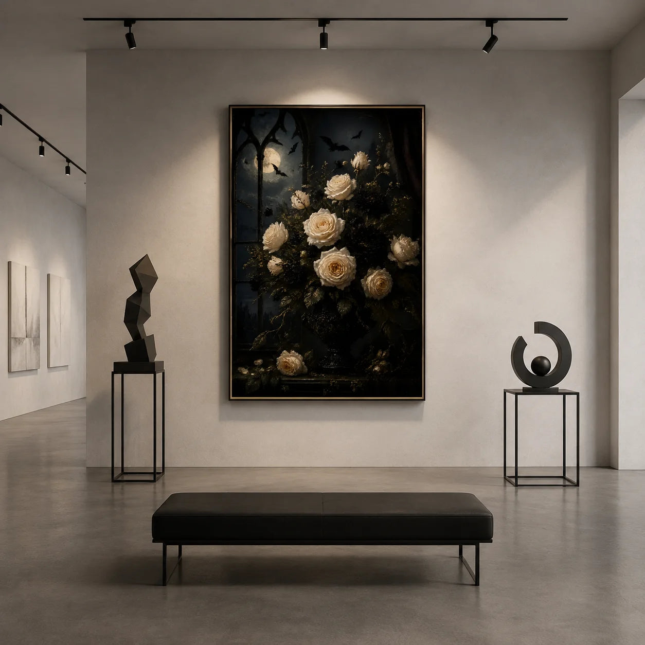 Ownanart Dark Gothic Moonlit White Rose Hand-Painted Oil Painting – Bat Night Floral Still Life Vertical Wall Art # OA 1298