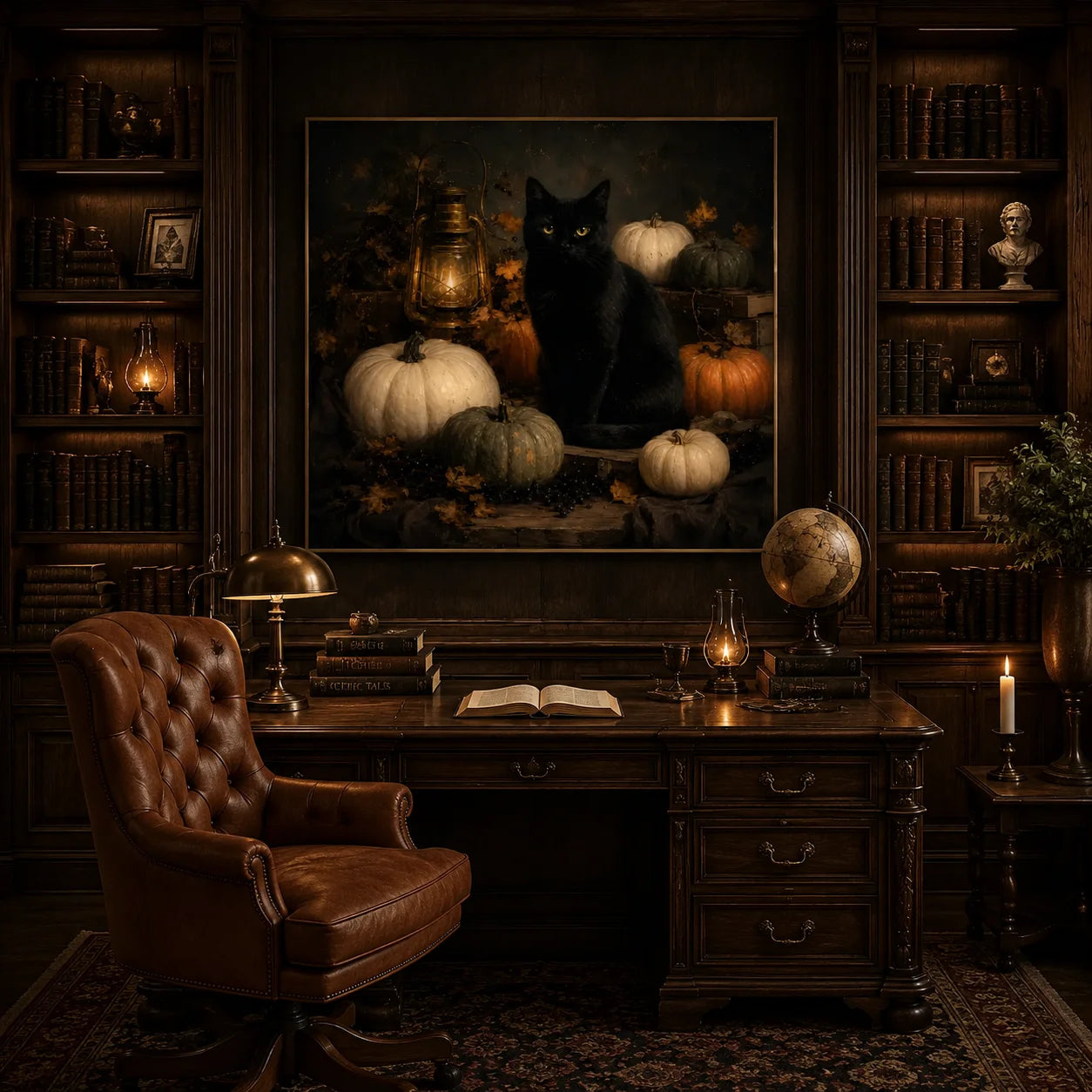Ownanart Original Hand-Painted Gothic Raven Still Life Oil Painting with Candlelight, Antique Pocket Watch, Sealed Letter and Dark Academia Wall Art # OA 1300