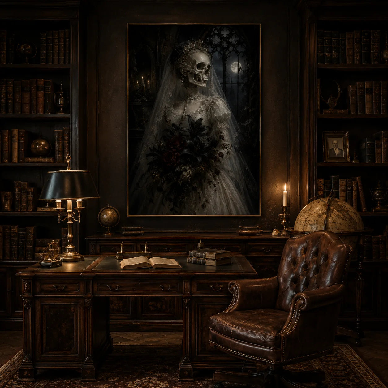 Ownanart Dark Gothic Skeleton Bride Hand-Painted Oil Painting – Moonlit Cathedral and Black Bouquet Mysterious Wedding Portrait Vertical Wall Art # OA 1297