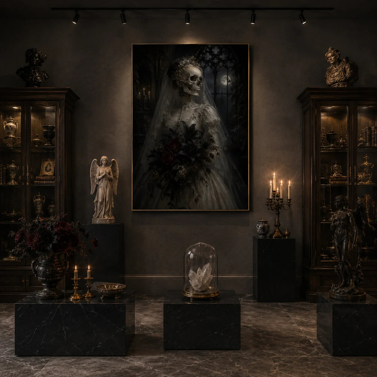 Ownanart Dark Gothic Skeleton Bride Hand-Painted Oil Painting – Moonlit Cathedral and Black Bouquet Mysterious Wedding Portrait Vertical Wall Art # OA 1297