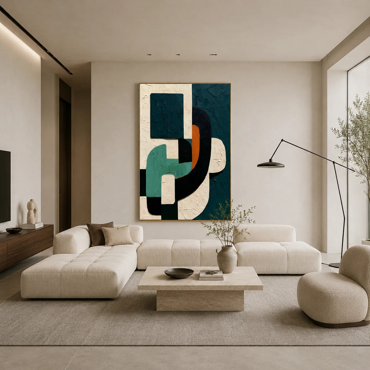 Dark Green Geometric Textured Abstract Oil Painting – Vertical Mid-Century Modern Wall Art # OA 1199