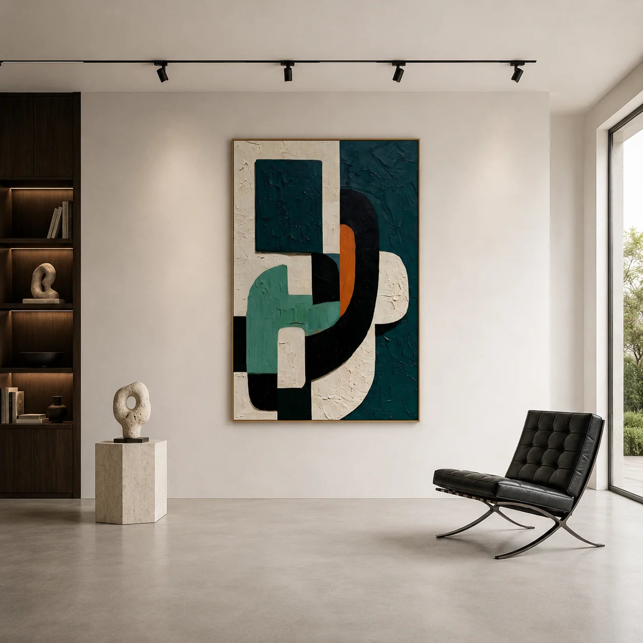 Dark Green Geometric Textured Abstract Oil Painting – Vertical Mid-Century Modern Wall Art # OA 1199