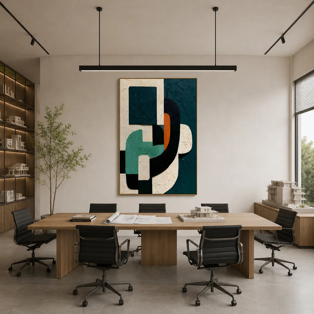 Dark Green Geometric Textured Abstract Oil Painting – Vertical Mid-Century Modern Wall Art # OA 1199