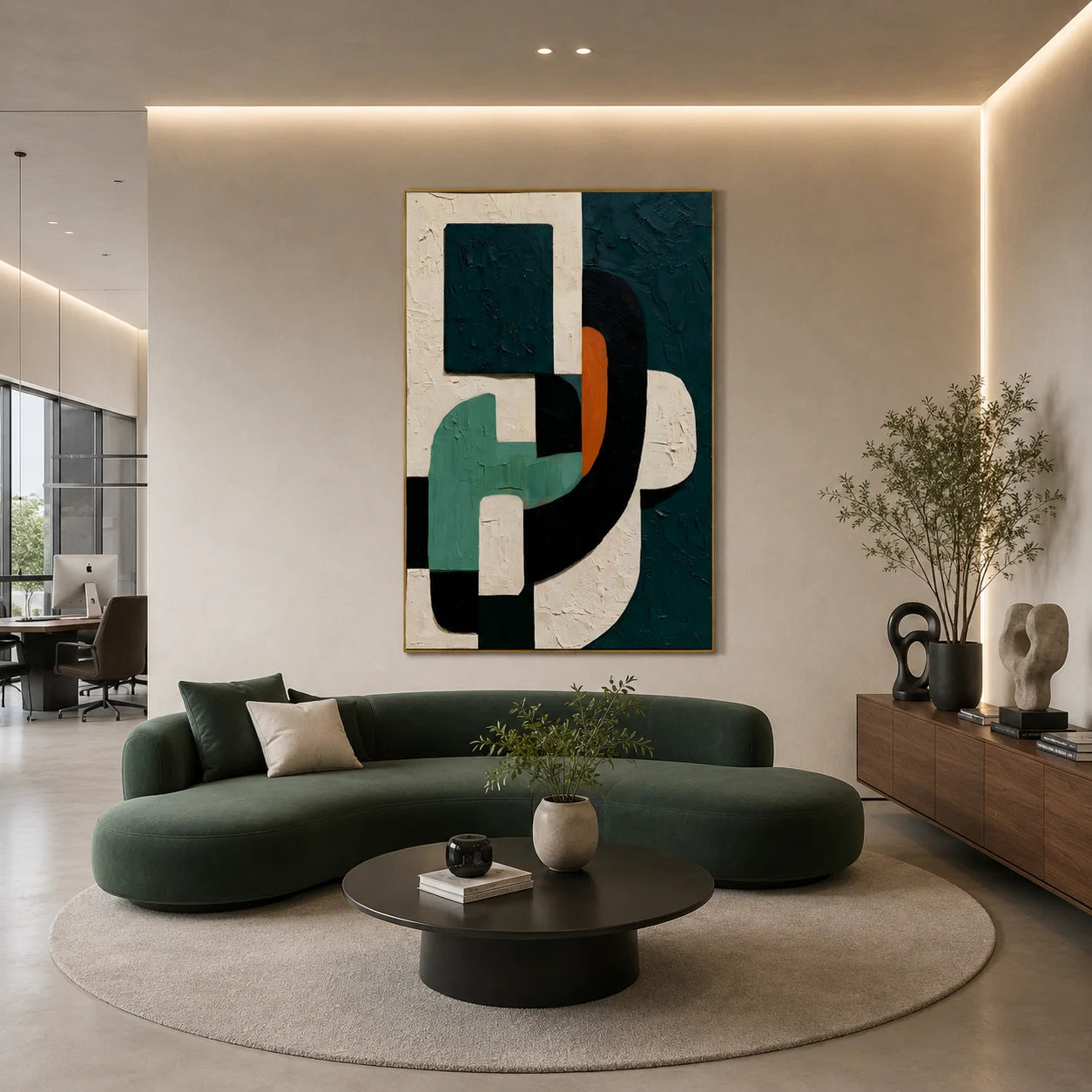 Dark Green Geometric Textured Abstract Oil Painting – Vertical Mid-Century Modern Wall Art # OA 1199