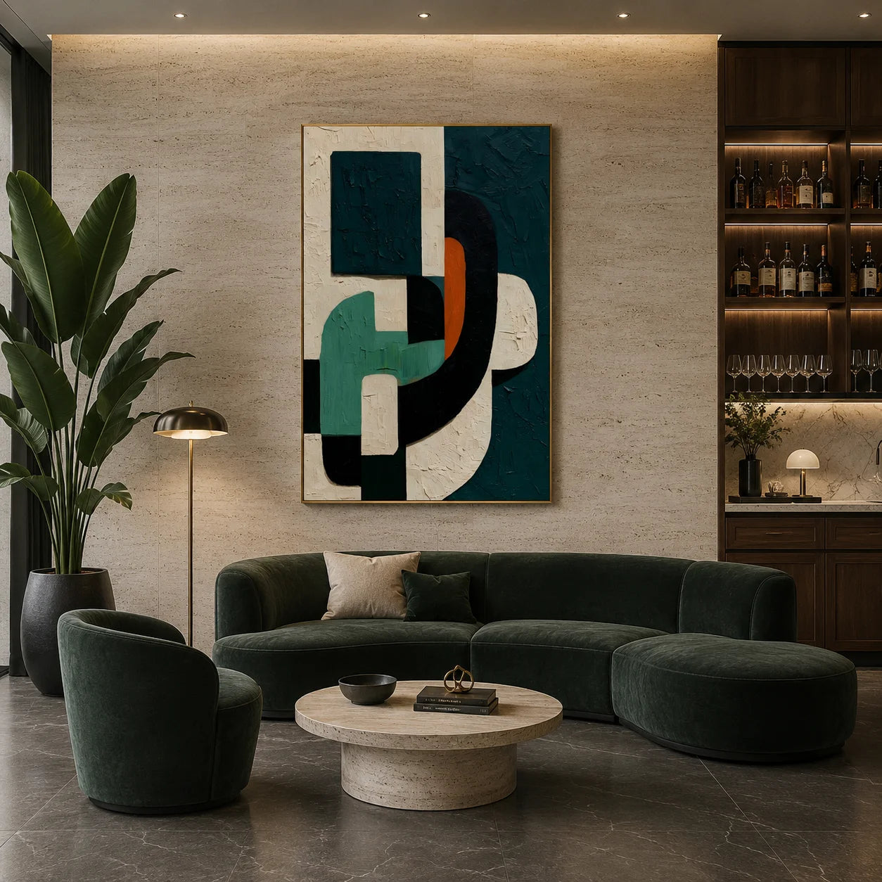 Dark Green Geometric Textured Abstract Oil Painting – Vertical Mid-Century Modern Wall Art # OA 1199