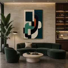 Dark Green Geometric Textured Abstract Oil Painting – Vertical Mid-Century Modern Wall Art # OA 1199