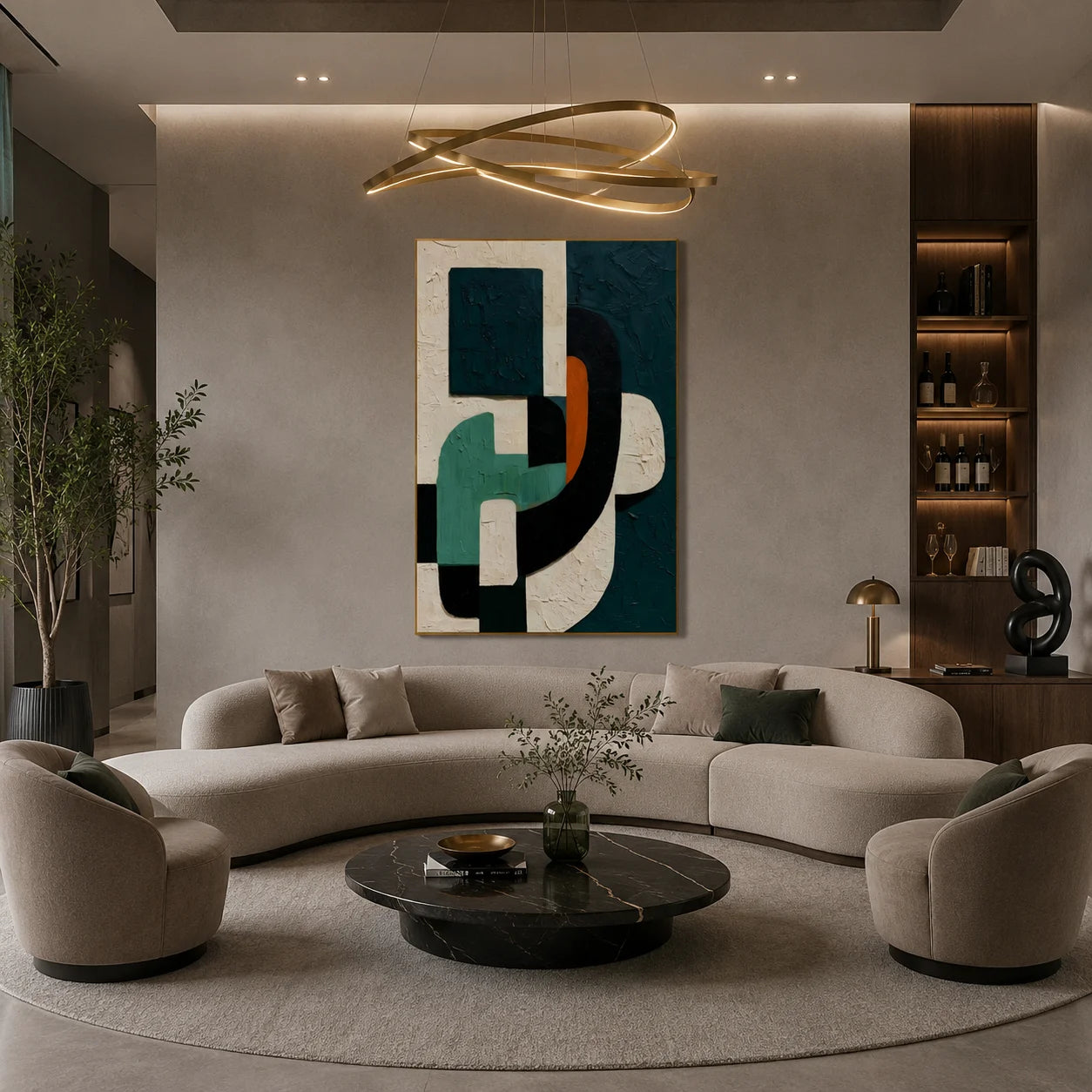 Dark Green Geometric Textured Abstract Oil Painting – Vertical Mid-Century Modern Wall Art # OA 1199