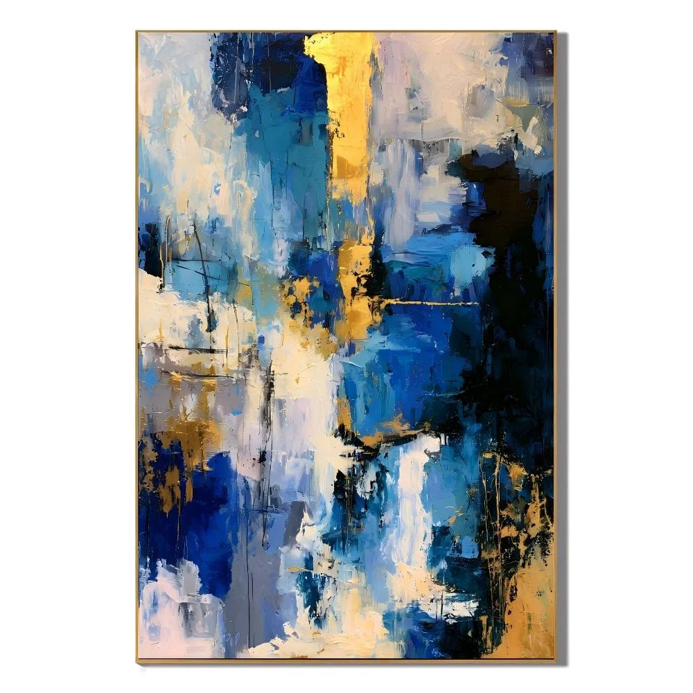 Deep Blue Gold and Ivory Modern Abstract Textured Hand-Painted Oil Painting | Luxury Palette Knife Wall Art for Living Room, Bedroom and Entryway
